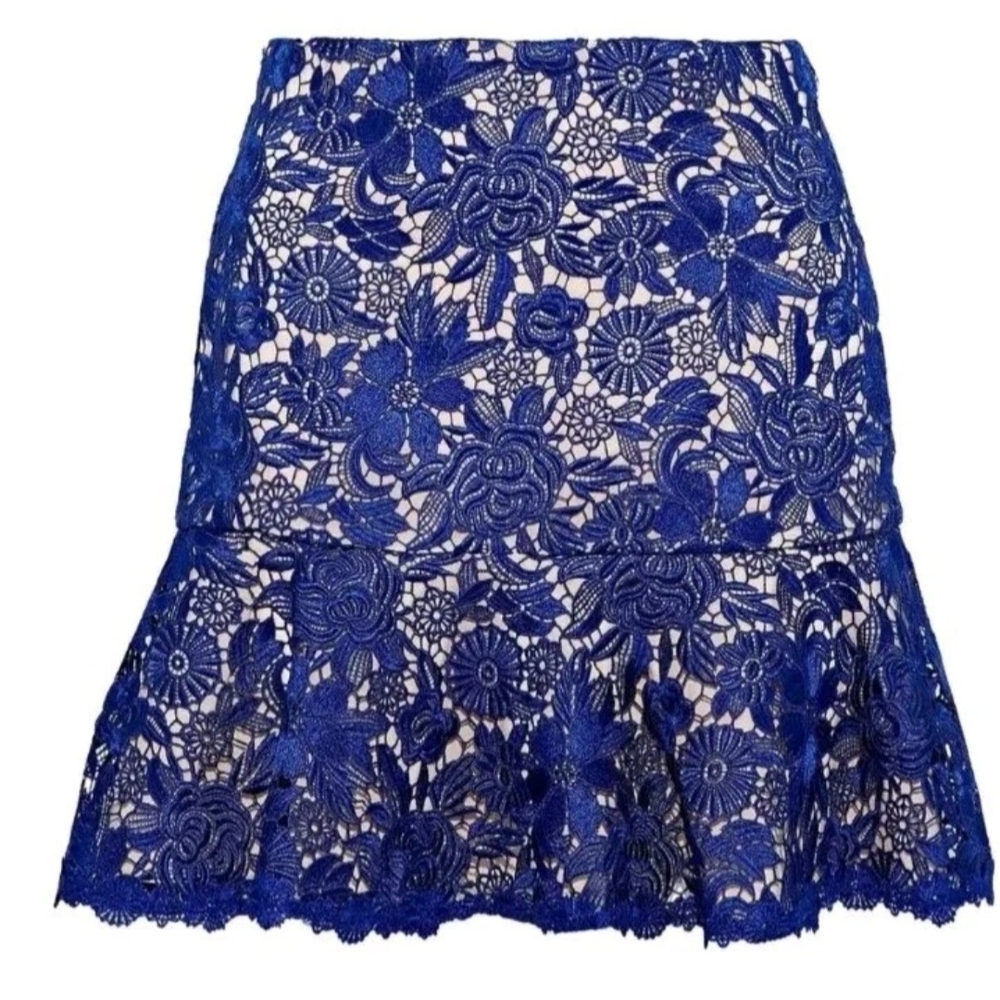 Alice And Olivia Delma Fit-&-flare Lace  Mini Skirt In Indigo Blue Size 6